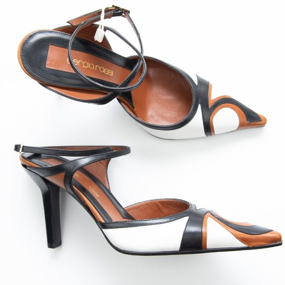 Sergio Rossi Shoes - Sergio Rossi Vintage Colorblock Leather Heels Slingback White Black Brown Y2K 35